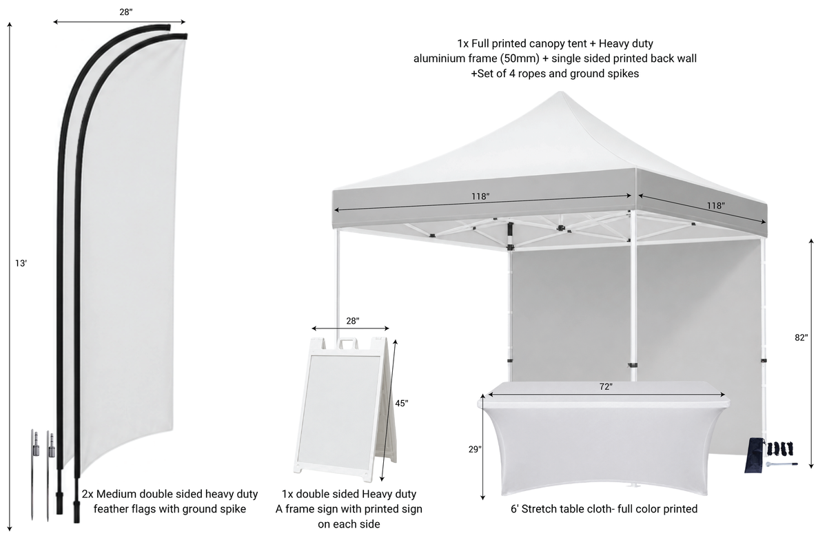 Admissions and Entrance Package A includes two feather flags, a sandwich board A Frame, Fitted table cloth and a 10' x 10' Canopy tent with full print back wall