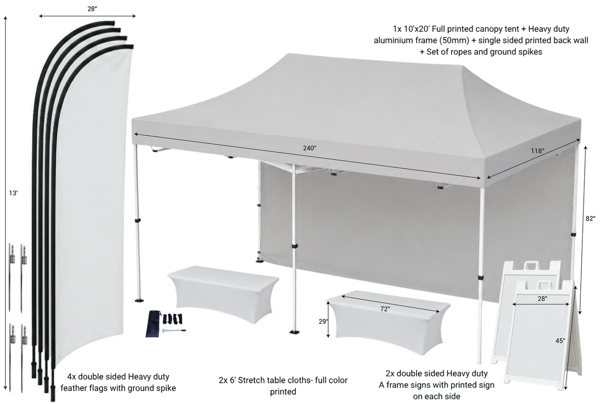 Admissions and Entrance Package B includes four feather flags, two sandwich boards A Frames, two Fitted table cloths and a 20' x 10' Canopy tent with full print back wall