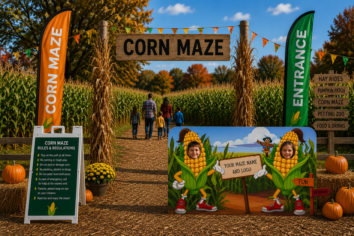 A corn maze entrance at a fall harvest festival, with a wooden sign reading 'CORN MAZE' above a dirt path, straw posts, orange and green feather flags, pumpkins, and a painted sign featuring corn cob illustrations and children in costume. People are walking through the maze in the background.