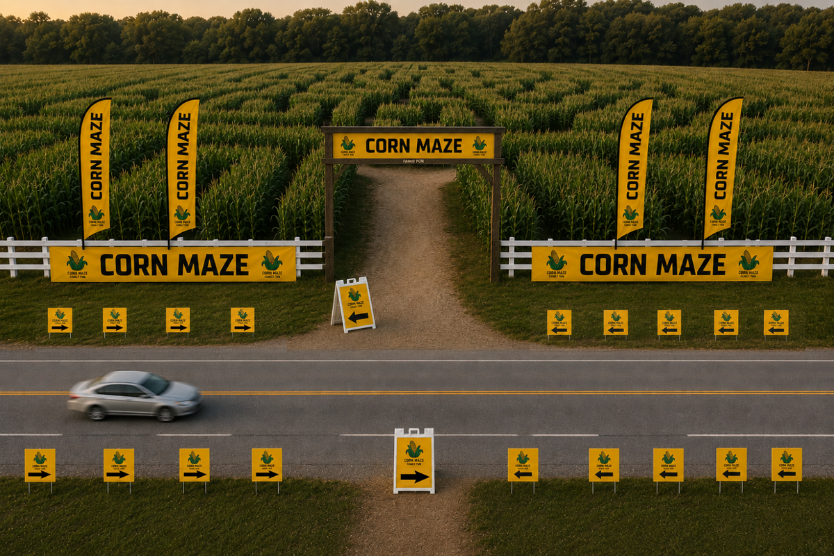 Corn maze entrance with signs and a car approaching.
