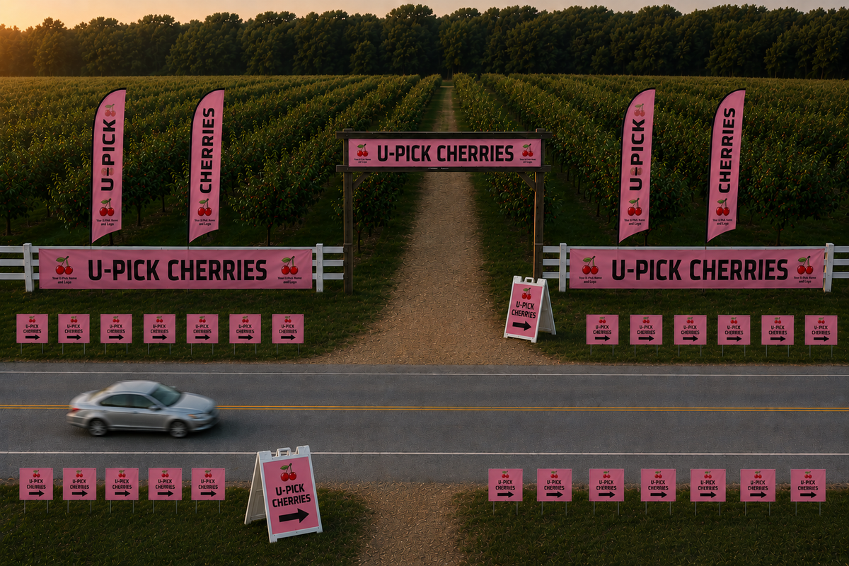 U-Pick cherry farm entrance with pink signs and a car approaching.