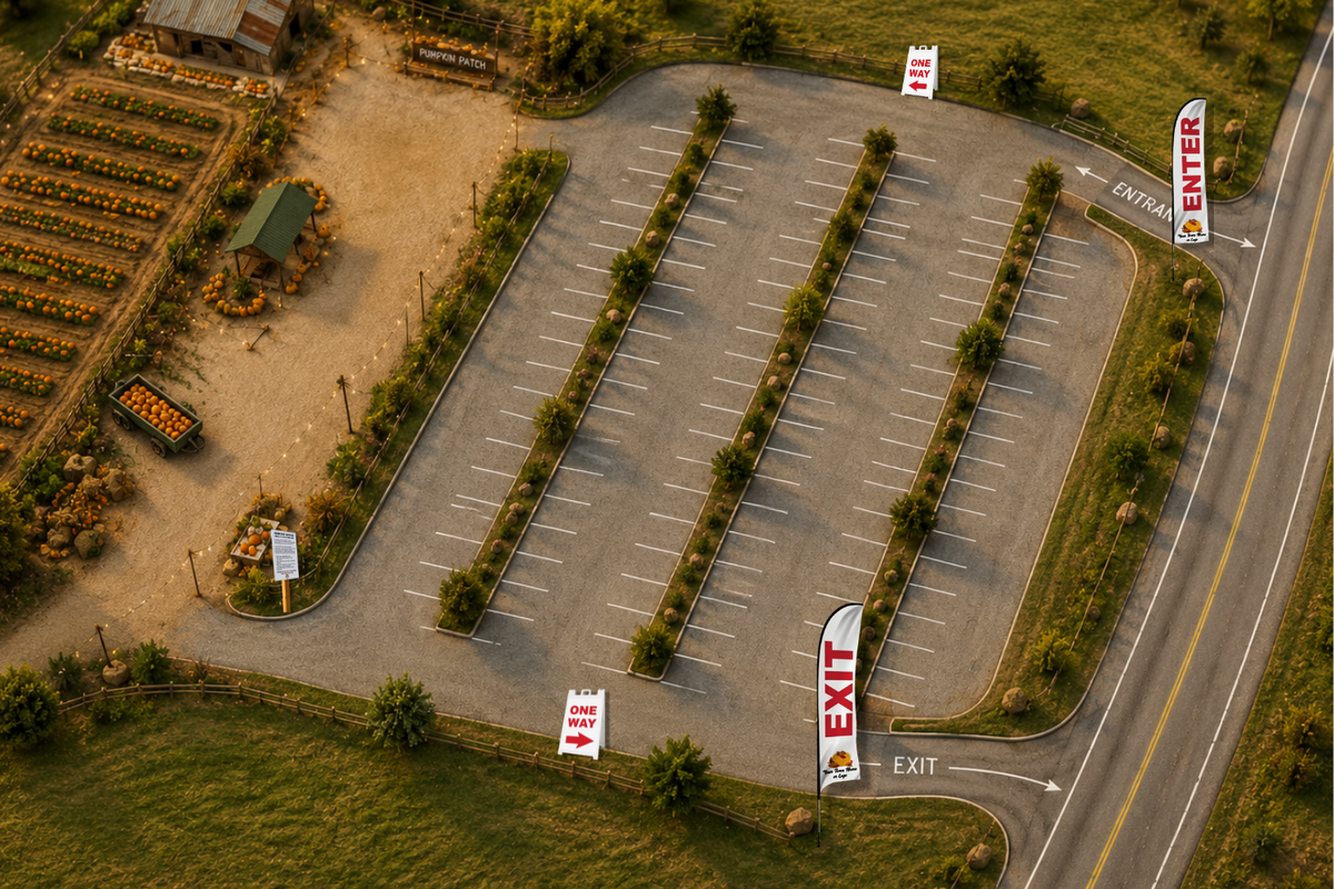 Aerial view of a parking lot with exit signs and a road on the right.