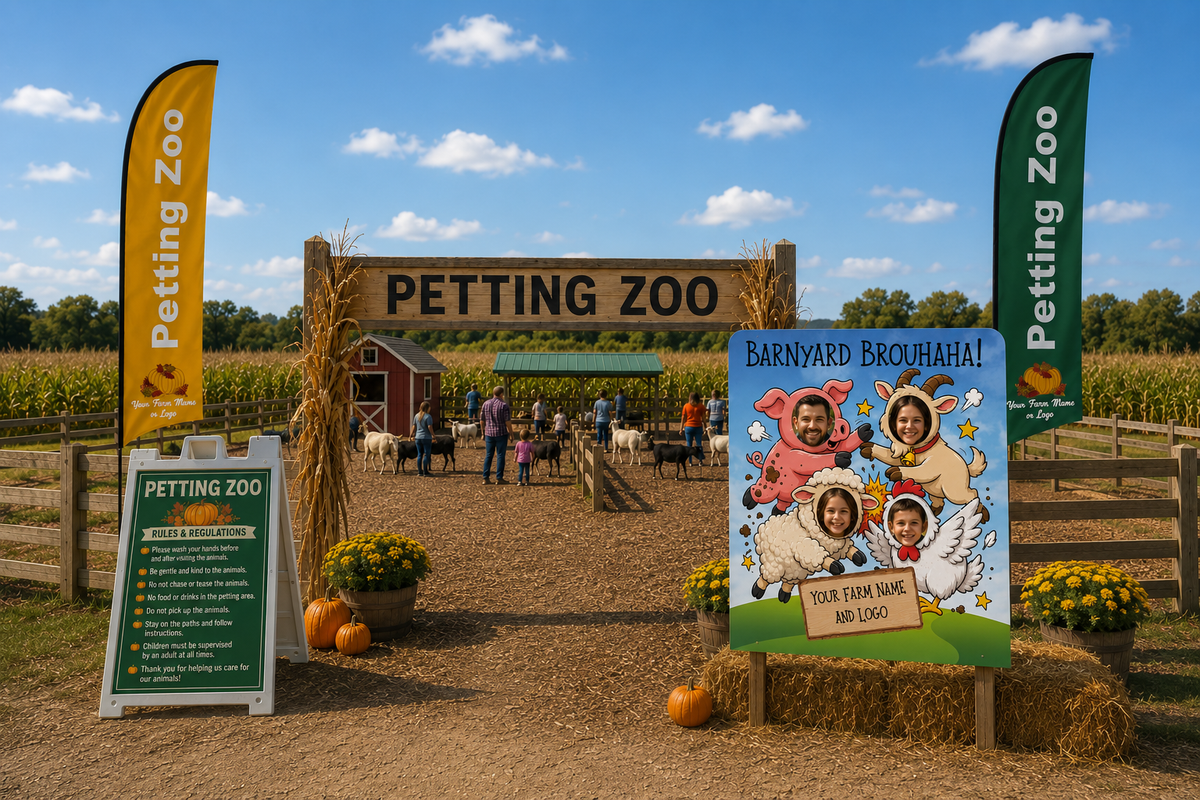 A farm entrance sign reading 'PETTING ZOO' with people and animals walking through the gate, flanked by tall 'Petting Zoo' feather flags and a 'Barnyard Brouhaha!' sign in a sunny outdoor setting.