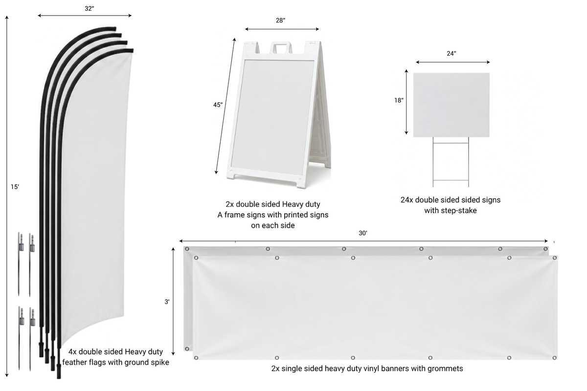 Roadside Visibility Package B includes four feather flags, two A Frame Sandwich boards, 24 Coroplast Signs, two vinyl banners