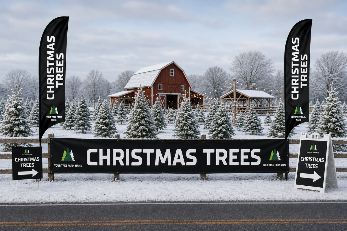Christmas tree farm with signs and a barn in a snowy landscape
