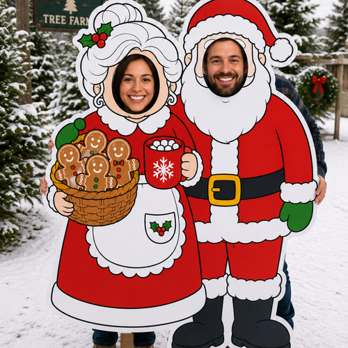 Two people standing in front of a large Christmas-themed wooden board cutout shaped like a Santa Claus and a woman in a holiday dress holding gingerbread cookies and a mug. The scene is outdoors in the snow with trees and a fence in the background.