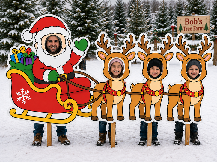 A festive outdoor photo booth cutout at Bob's Tree Farm featuring a Santa Claus in a sleigh pulling three reindeer, with people standing behind the cutouts to have their faces printed on the photo op.