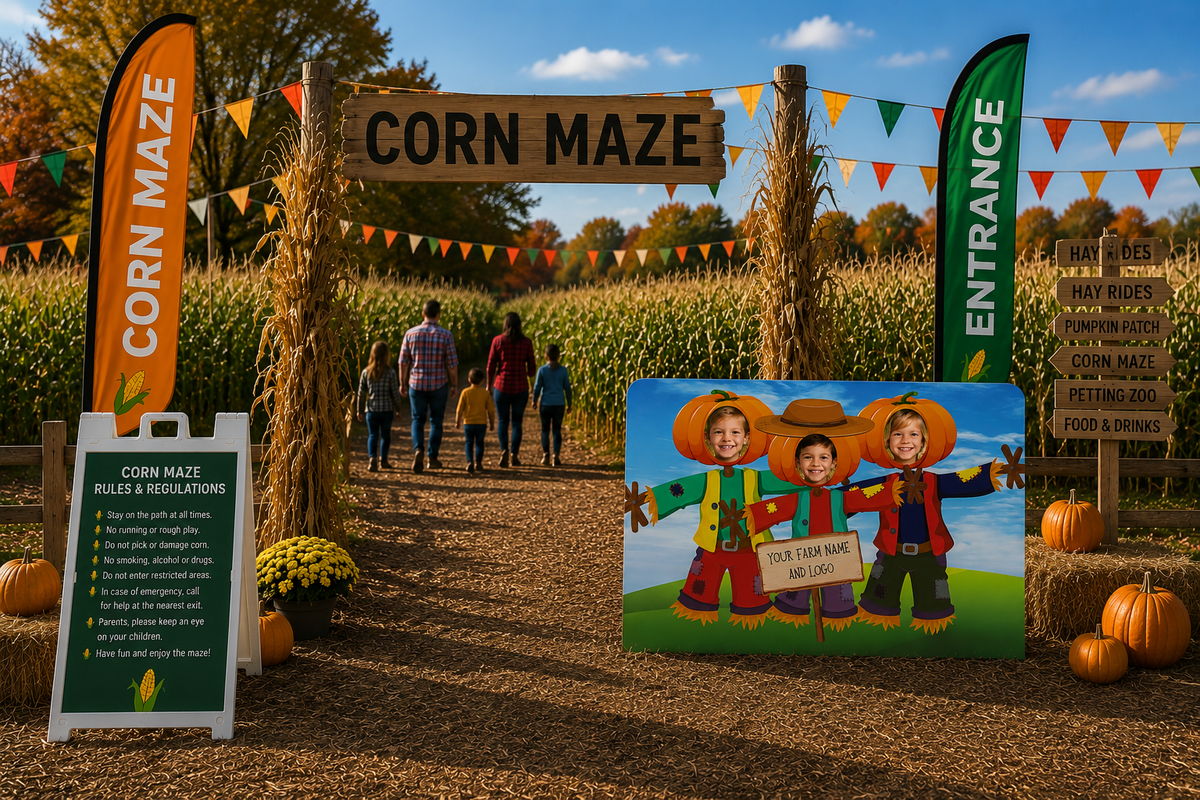 A corn maze entrance with a wooden sign reading 'CORN MAZE,' tall orange and green feather flags, a signpost with maze rules, and a colorful welcome sign featuring cartoon characters. People are walking through the maze in a real outdoor farm setting with cornfields, autumn trees, and pumpkins.