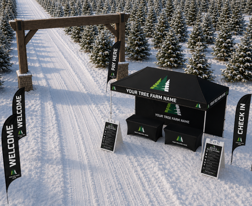 Outdoor event setup with branded tents and signs on a snowy path.