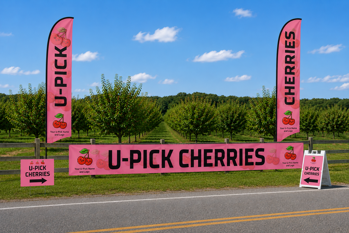 U-Pick cherry farm entrance with pink signs and trees in the background.